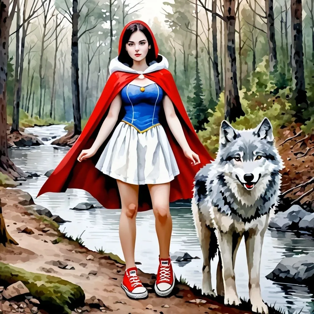 Prompt: Young adult woman. Wearing a Snow White cosplay. in the middle of a forest. near the river. red cape, short skirt and converse sneakers. photorealistic. Watercolor painting style on canvas. accompanied by a gray wolf. 