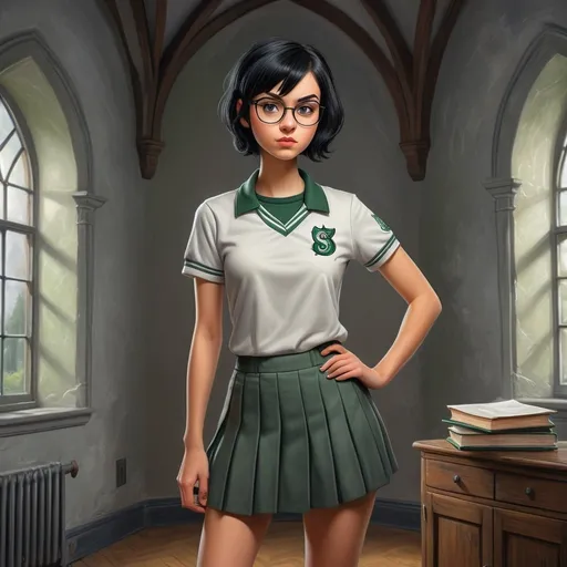 Prompt: 23 year old woman short black hair. she uses glasses. wearing the Slytherin uniform. standing in front of a gray wall, in the room of an old castle. short skirt and converse tennis shoes. pencil drawing art. photorealistic. hdr
