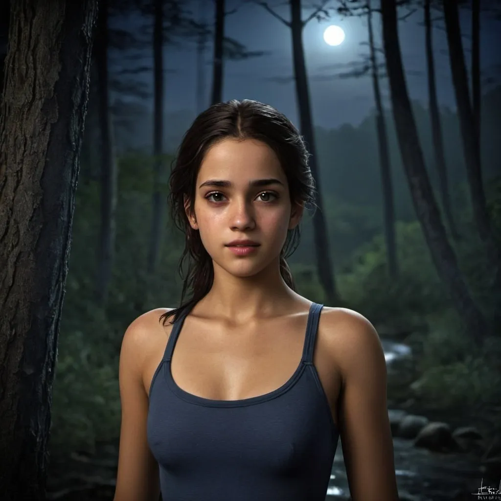 Prompt: Isabela Swam, personaje principal de la saga crepúsculo. caminando sola por el bosque. noche de luna llena. arte digital. fotorrealista. hdr.