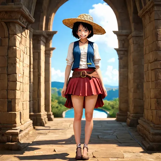Prompt: Woman wearing a luffy cosplay in the halls of an ancient castle. short black hair. fisherman straw hat. short skirt. photorealistic. hd. Digital art.