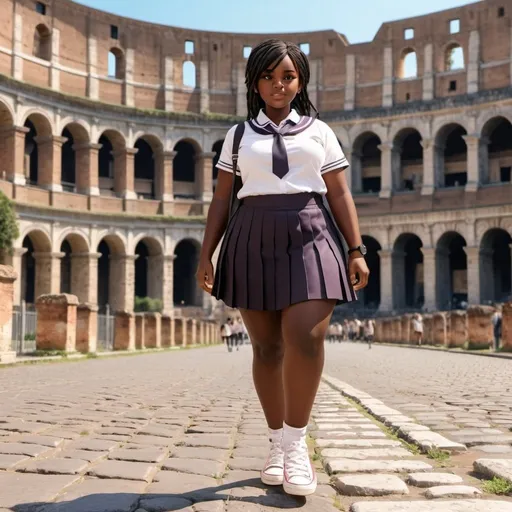 Prompt: African girl. ebony skin plus size. In a schoolgirl uniform. Short skirt and converse sneakers. Walking through Rome. Near the Roman coliseum. Anime style. Photorealistic.