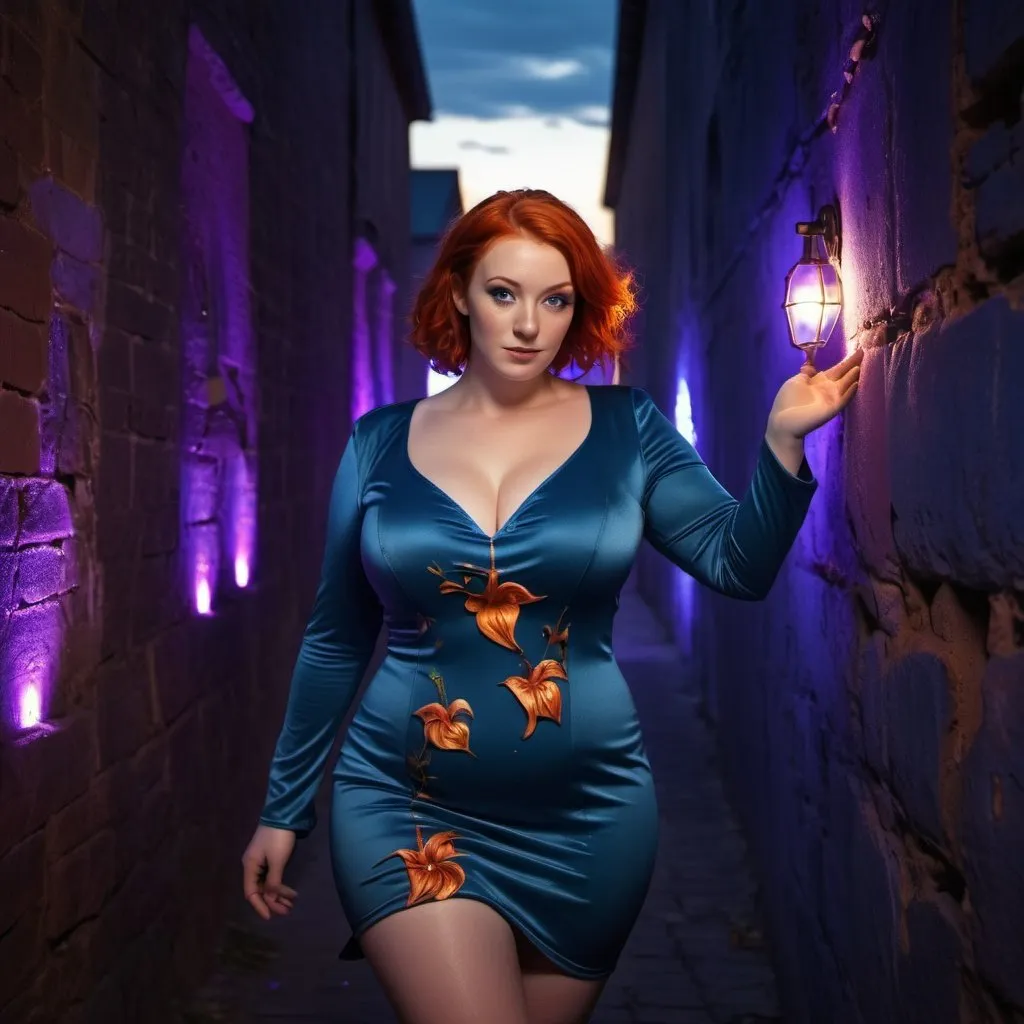 Prompt: lily evans woman plus size cosplayer. wine short dress. red head. walking in front of an old wall illuminated by dim blue, orange and purple lights. digital art. 3d. hdr. photorealistic. ultraviolet light photography.