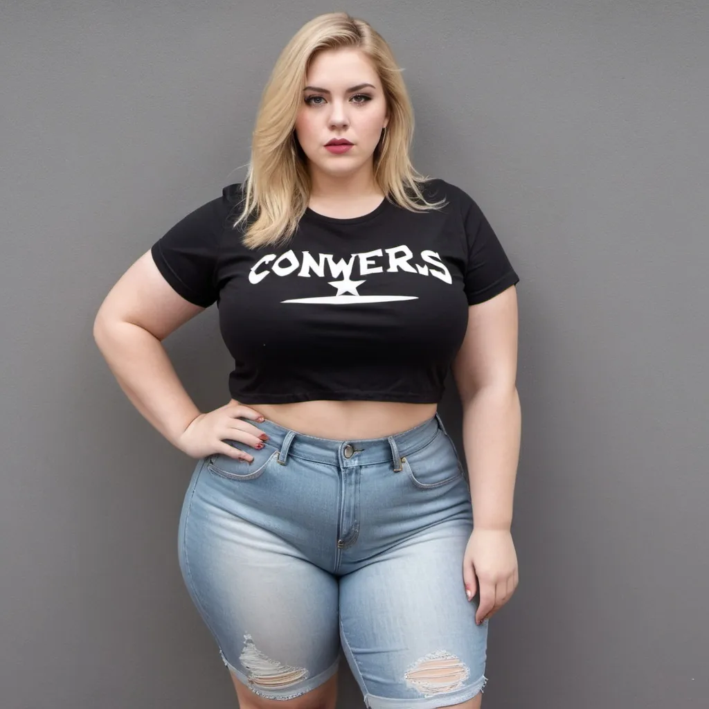 en primer plano, una mujer rubia. Plus size. cabello...