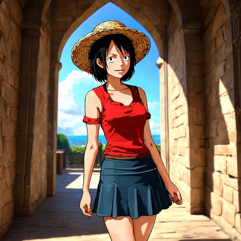 Prompt: beautiful girl wearing a luffy cosplay in the halls of an ancient castle. short black hair. fisherman straw hat. short skirt. photorealistic. hd. Pencil drawing art.