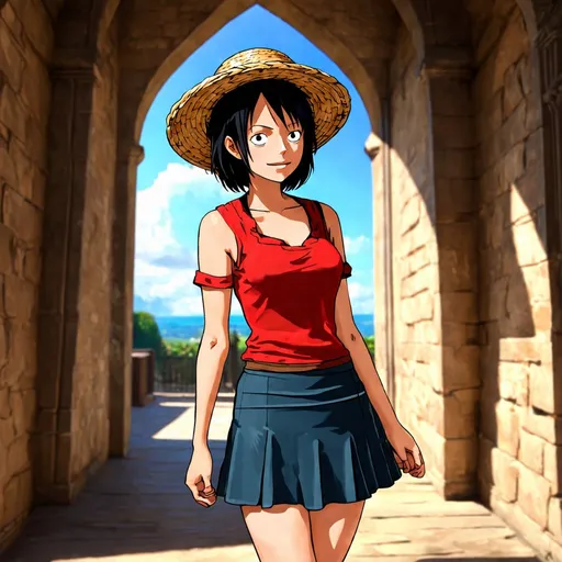 Prompt: beautiful girl wearing a luffy cosplay in the halls of an ancient castle. short black hair. fisherman straw hat. short skirt. photorealistic. hd. Pencil drawing art.