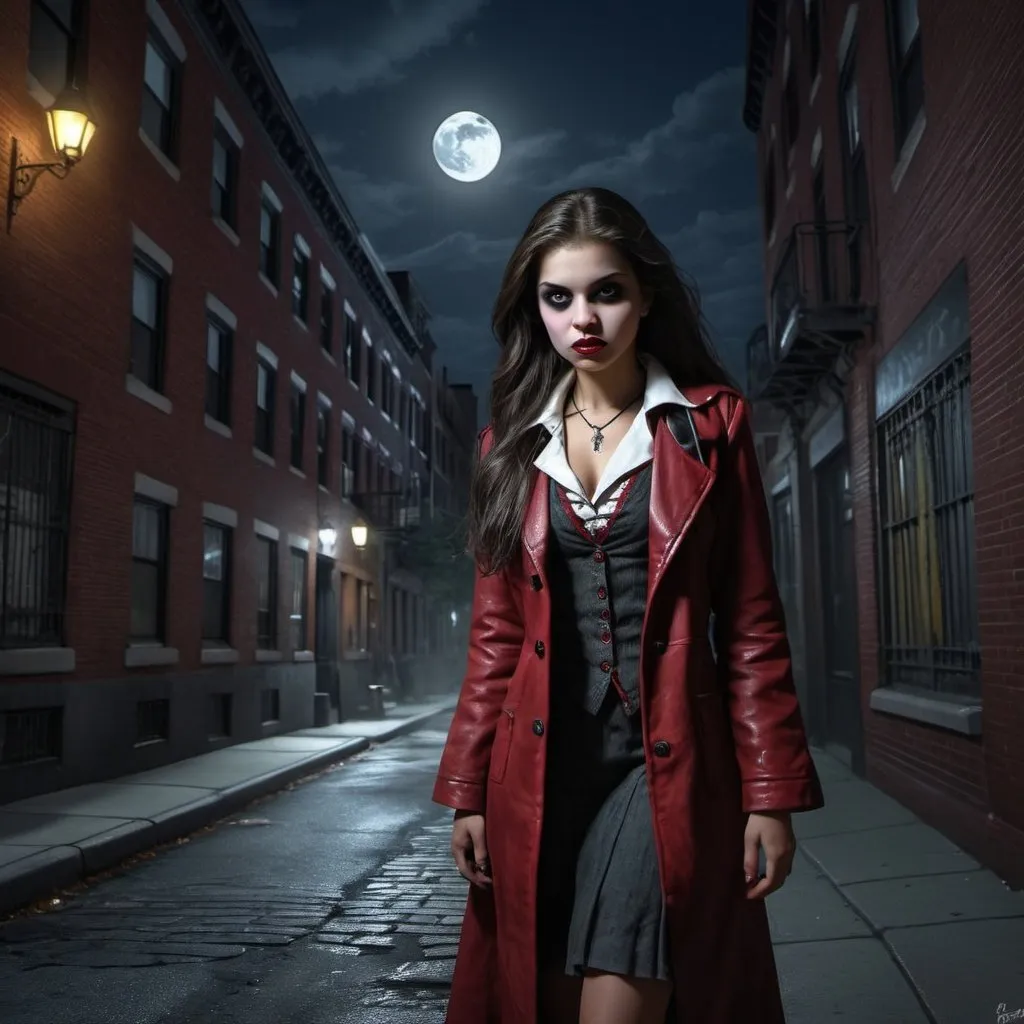 Prompt: chica de la escuela de vampiros caminando por una calle del bronx, en una noche  de luna creciente. arte digital. 3d. fotorrealista. hdr. escala de grises.