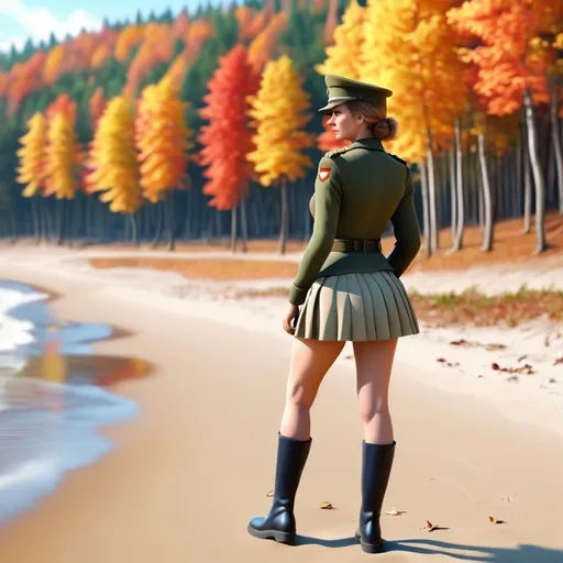 Prompt: female soldier, in short skirt. walking on the beach near an autumn forest. digital art style. Photorealistic 3d.
