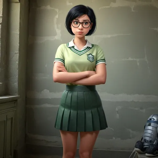 Prompt: 23 year old woman short black hair. she uses glasses. wearing the Slytherin uniform. standing in front of a gray wall, in the room of an old castle. short skirt and converse tennis shoes. pencil drawing art. photorealistic. hdr