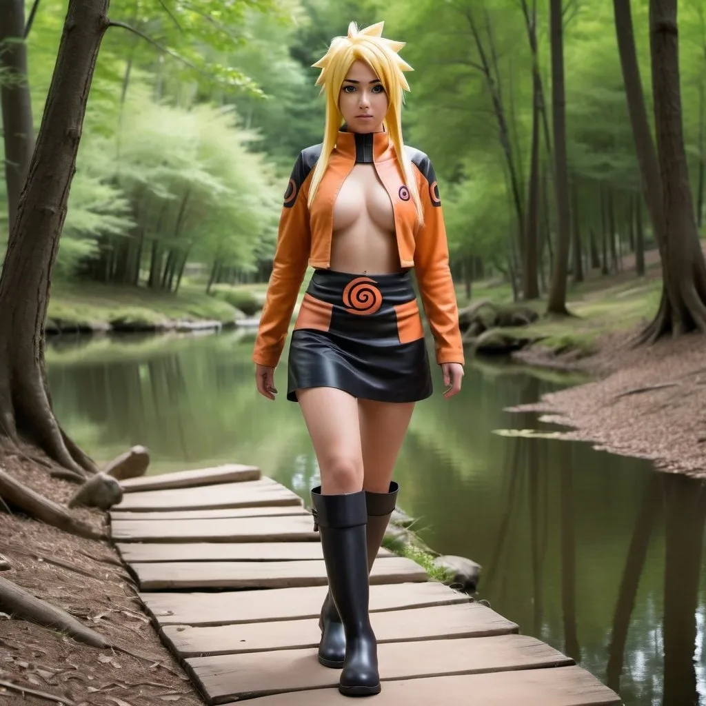 Prompt: chica de piel de ébano. con cosplay de naruto. falda. y botas. caminando por el bosque. cerca al lago. fotorrealista. 3d. hd.