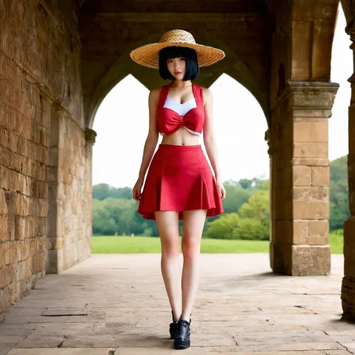 Prompt: Woman wearing an one piece cosplay. Walking  in the halls of an ancient castle. short black hair. fisherman straw hat. short skirt. photorealistic. hd. Digital art.