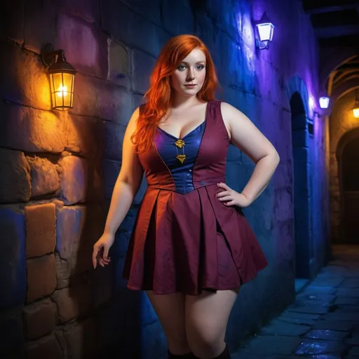 Prompt: lily evans woman plus size cosplayer, wine short dress. red head. using huffelpuff uniform. walking in front of an old wall. illuminated by dim blue, orange and purple lights. watercolor painting on canvas. 3d. hdr. photorealistic. ultraviolet light photography.