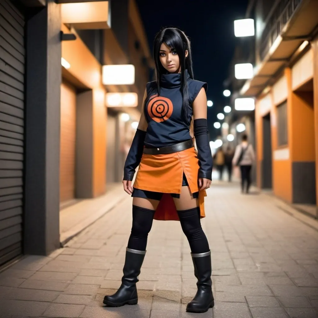 Prompt: chica negra. con cosplay de naruto. falda. y botas. caminando por la ciudad. Durante la noche. fotorrealista. Estilo anime. hd.