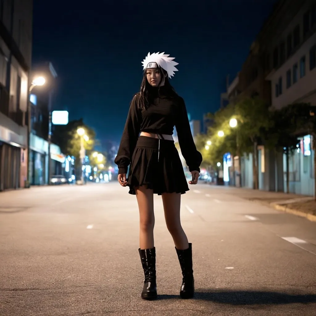 Prompt: chica negra. con cosplay de Hatake Kakashi. falda y botas cortas. caminando por la ciudad. Durante la noche. fotorrealista. Estilo manga. hd. resolución 8k