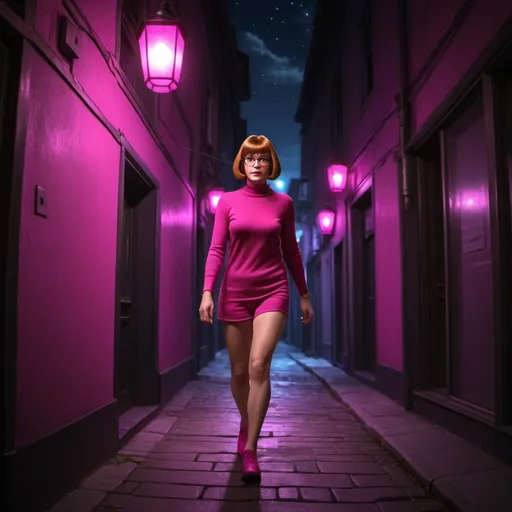 Prompt: Velma walking at night, down a dark street. illuminated with fuchsia lamps. photorealistic. Digital art. Hdr