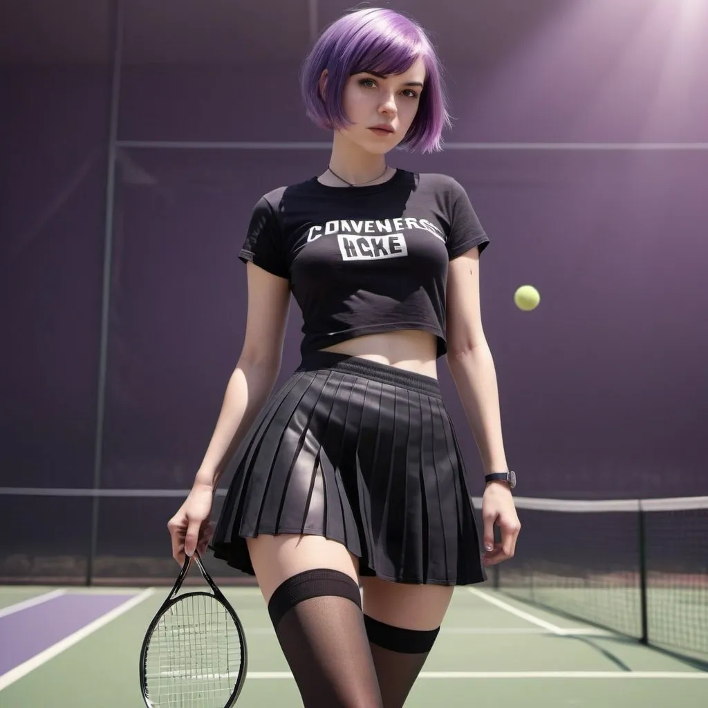 Prompt: In the foreground, a woman. short purple  hair. Black semi-transparent t-shirt. short skirt. black stockings. converse tennis. digital art style. photorealistic. 3d.