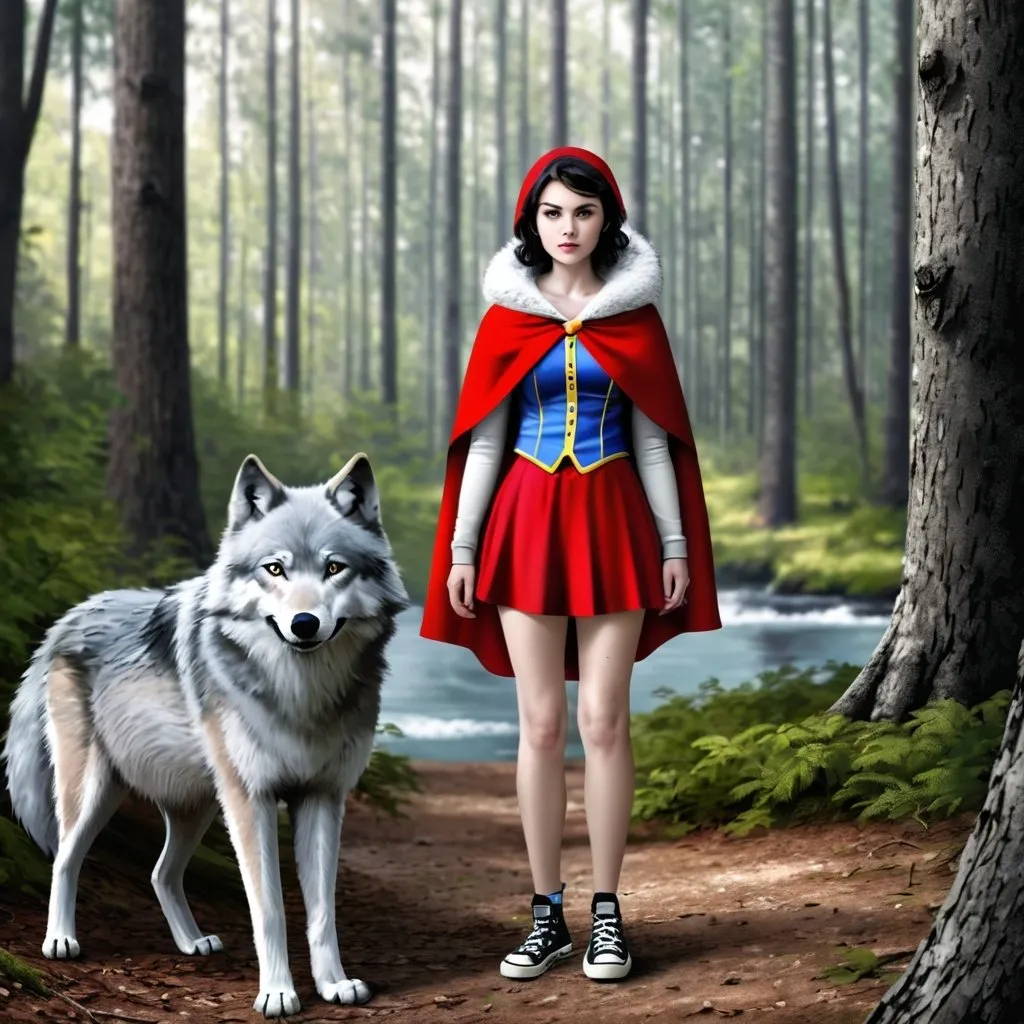 Prompt: Young adult woman. Wearing a Snow White cosplay. in the middle of a forest. near the river. red cape, short skirt and converse sneakers. photorealistic. Digital art. accompanied by a gray wolf. 