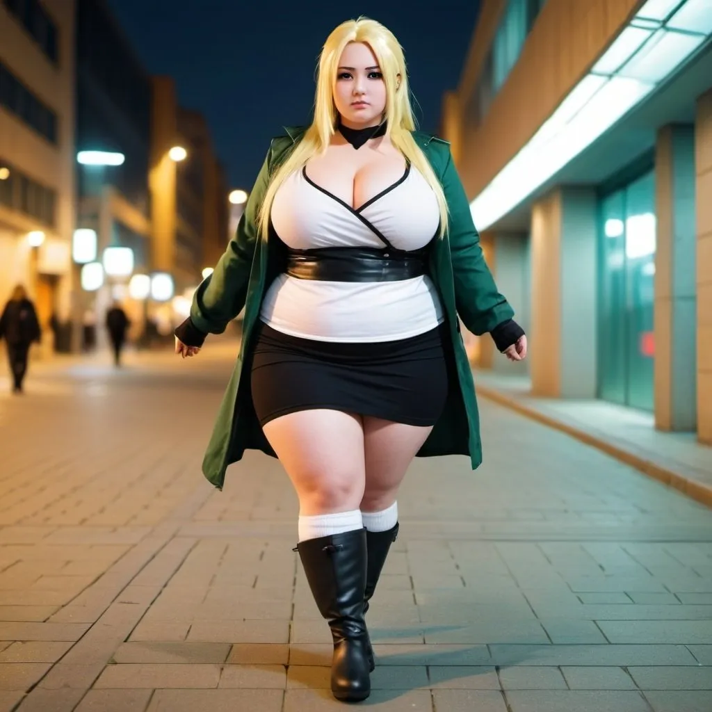 Prompt: chica plus size. con cosplay de tsunade. falda y botas cortas. caminando por la ciudad. Durante la noche. fotorrealista. Estilo anime. hd.