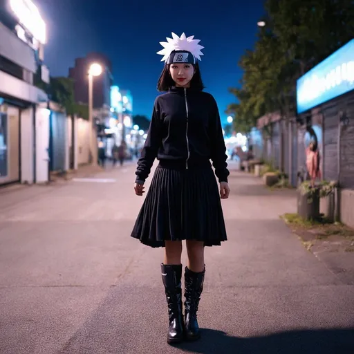 Prompt: chica negra. con cosplay de Hatake Kakashi. falda y botas cortas. caminando por la ciudad. Durante la noche. fotorrealista. Estilo manga. hd. resolución 8k