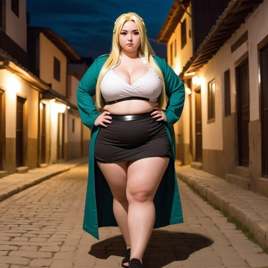 Prompt: chica plus size. con cosplay de tsunade. falda. caminando por las calles de un antiguo pueblo. Durante la noche. fotorrealista. Estilo anime. hd.