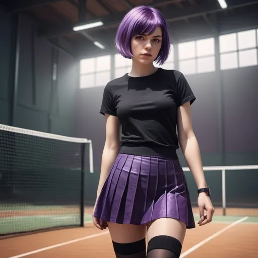 Prompt: In the foreground, a woman. short purple  hair. Black semi-transparent t-shirt. short skirt. black stockings. converse tennis. digital art style. photorealistic. 3d.