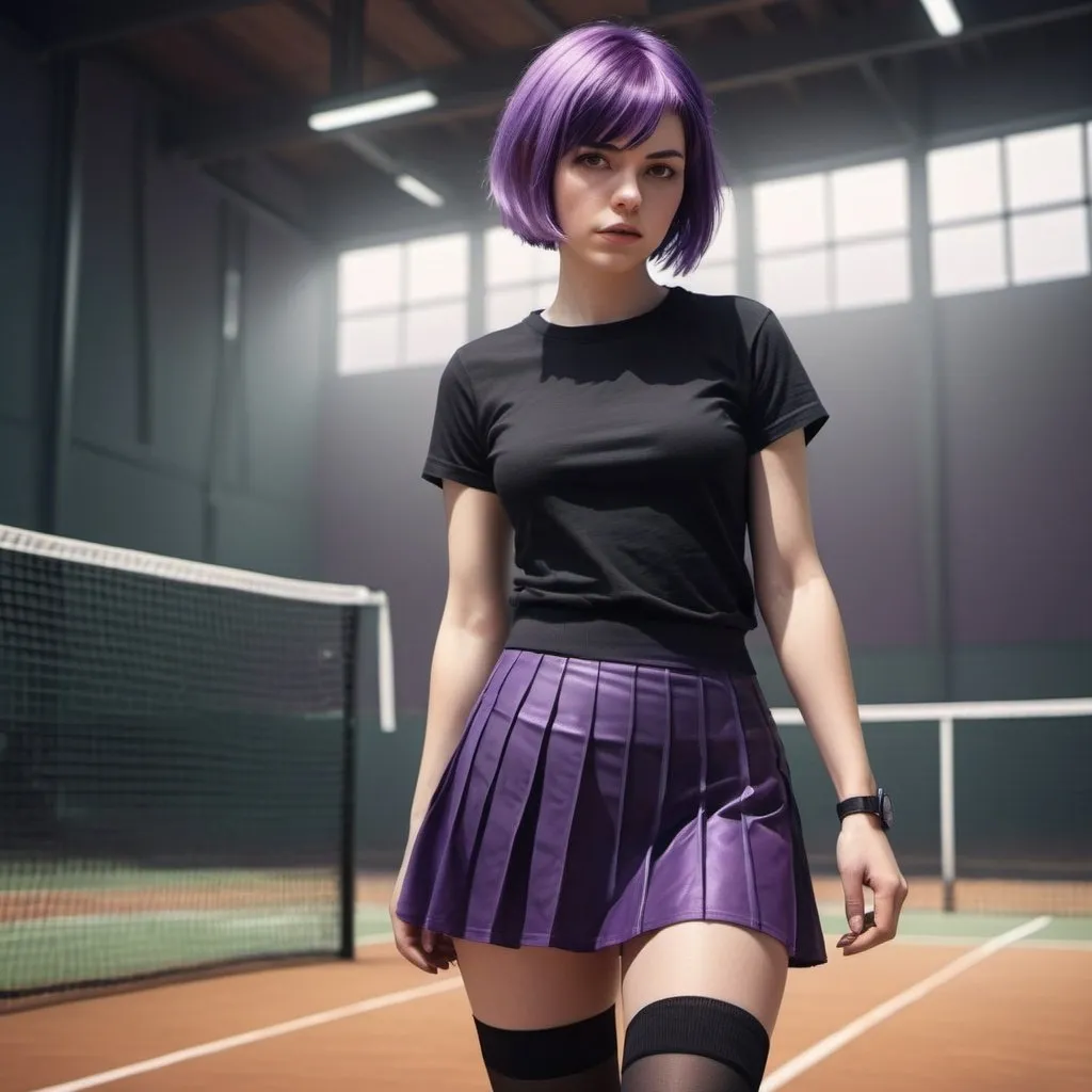 Prompt: In the foreground, a woman. short purple  hair. Black semi-transparent t-shirt. short skirt. black stockings. converse tennis. digital art style. photorealistic. 3d.