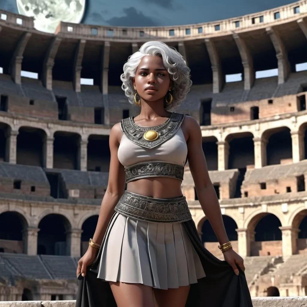 Prompt: Black skin latin woman. Gray hair. in the roman coliseum. in crescent moon. Skirt. photorealistic. Manga style. hd. 8k resolution.