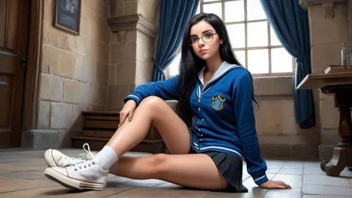 Prompt: 23-year-old woman, long, straight black hair. she uses glasses. wearing the ravenclaw uniform. in the room of an old castle. sitting. short skirt and converse tennis shoes. pencil drawing art. photorealistic. hdr