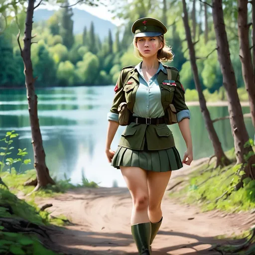 Prompt: female soldier in short skirt, walking through the forest near the lake