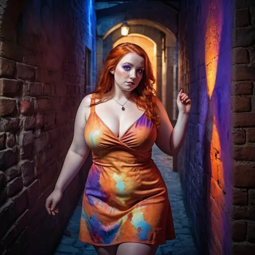Prompt: lily evans woman plus size cosplayer, wine short dress. red head. walking in front of an old wall. illuminated by dim blue, orange and purple lights. watercolor painting on canvas. 3d. hdr. photorealistic. ultraviolet light photography.