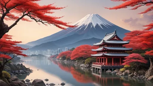 Prompt: 内容是日本风景，网站设计用，红色色调，主题是健康与医药，尽量简约，可以有富士山与红叶