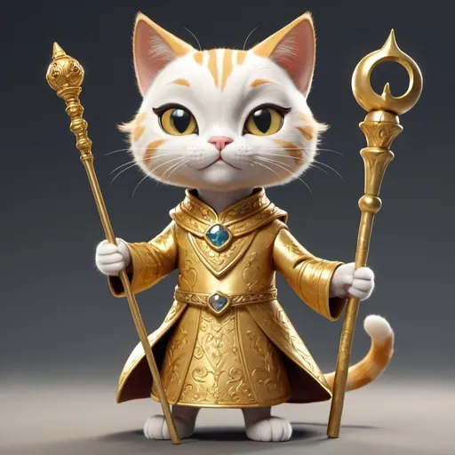 Prompt: a cat with gold clothes anamation with a golden staff