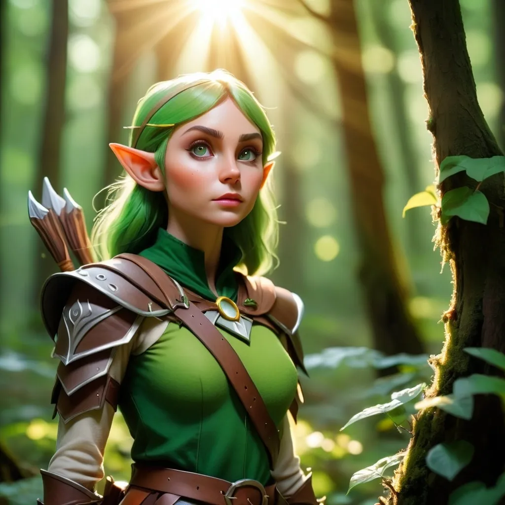 Prompt: Elf ranger in a mystical forest around sunlight