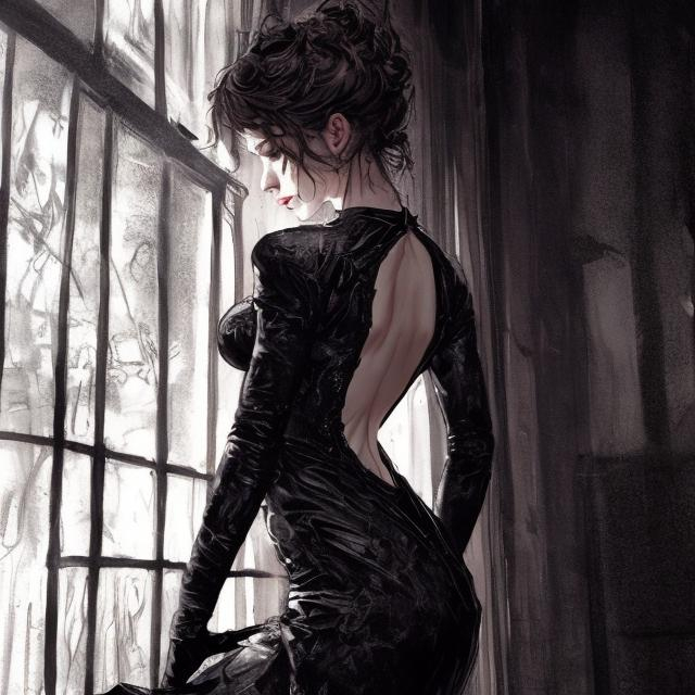 Prompt: Beautifully lit, dark atmosphere, alluring pose, open back, sheer black dress, scandalous, beautiful woman, masterpiece, high detail, messy, mysterious, realistic