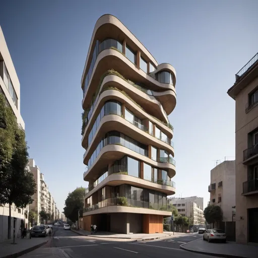 Prompt: Un edificio arquitectónico en un entorno urbano. Tiene zonas al aire libre y zonas de estudio. Es de altura baja y un único piso. Tiene curvas y ángulos rectos.