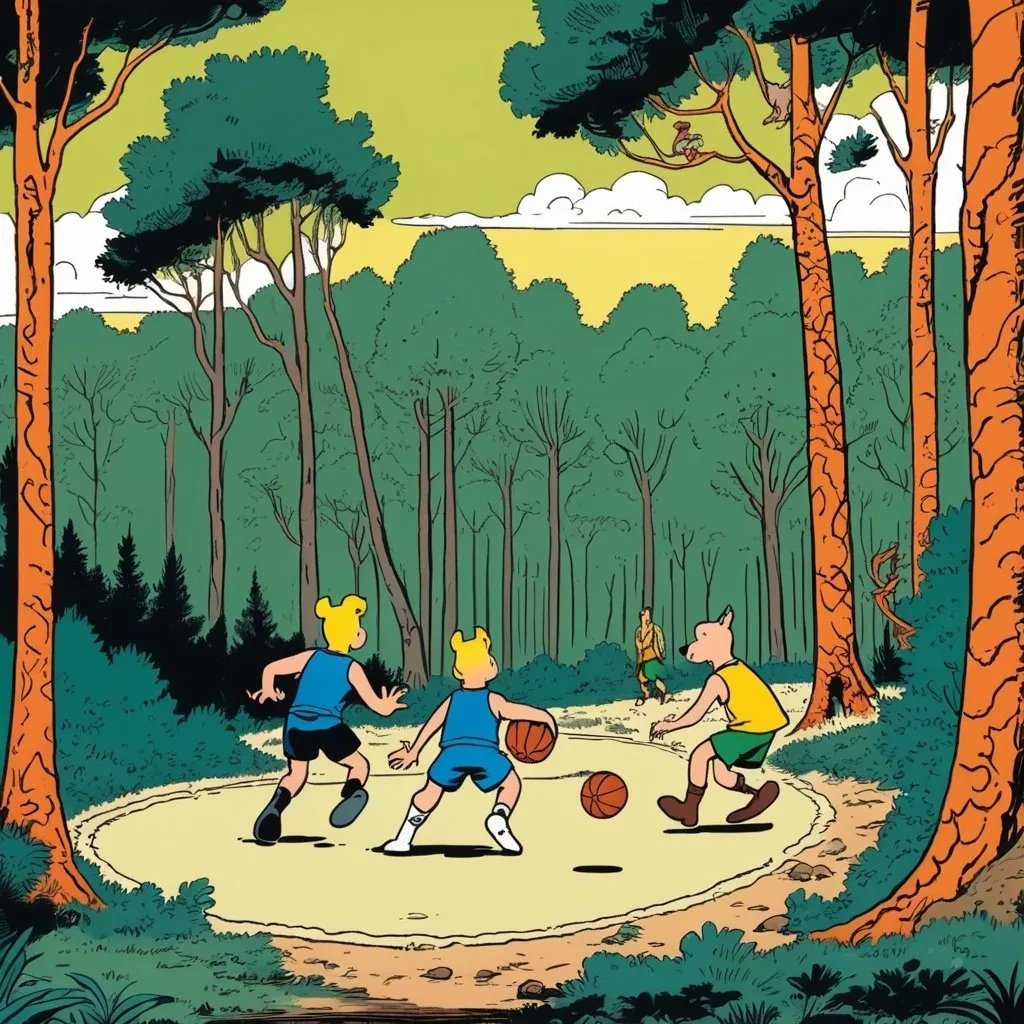 Prompt: kangareoos playing basketball in the forest whilke a snake is watching then
 2d comic book panel, in the style of Tintin by Hergé