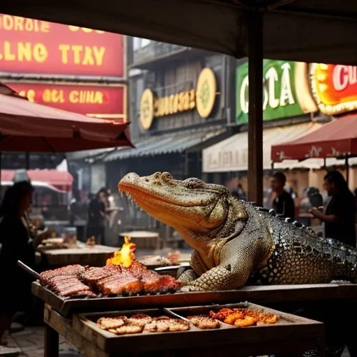 Prompt: An outdoor street food scene with a large, roasted crocodile displayed on a spit over an open flame. The crocodile's scaly skin is charred and crispy, with the meat visibly tender and juicy in some areas. Surrounding the crocodile are various grilled vegetables, skewers, and exotic side dishes on wooden tables. Bright market stalls in the background feature colorful signage, and curious passersby are taking photos and lining up to taste this unusual delicacy. The atmosphere is lively, with warm colors and the smell of grilling food filling the air