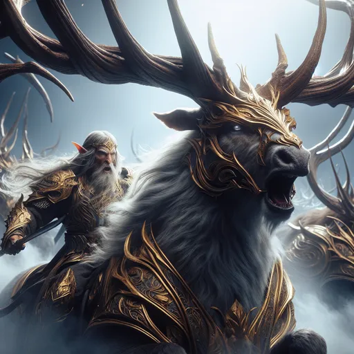 Prompt: A hyper-realistic, highly detailed scene of an Elven King pulling the reins of a giant, muscular buck to stop him mid-run. The view is from the front, capturing the intensity of the moment. The buck, adorned in intricate elven armor, boasts multiple imposing horns. Both the rider and the buck wear matching white and gold armor that glimmers in the light. The Elven King, with long flowing hair, wears a golden crown that arcs upward, merging seamlessly into dangerous buckhorns. Every texture, from the fur of the buck to the metallic sheen of the armor, is vividly portrayed.