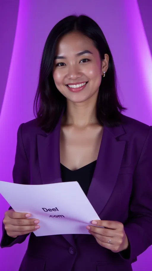 Prompt: Professional woman with black hair, wearing a purple blazer. She is smiling while holding a paper with written text on it "Deel.com", looking directly at the camera. Illuminated with professional studio lighting and a soft purple glow on one side. Background with smooth purple gradients for a modern.