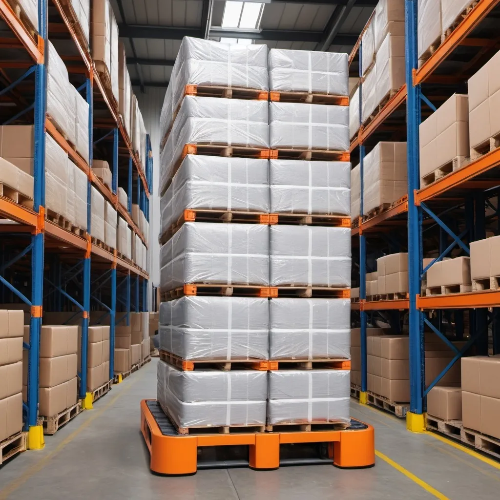 Prompt: Grey tubular metal pallets with cartons on top being used in warehouse and being lifted by a stacker

