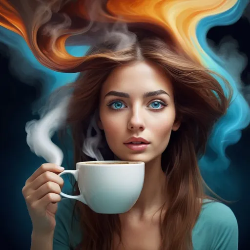 Prompt: Lady emerging from coffee cup, surreal digital art, detailed facial features, steam rising, high quality, vibrant colors, dreamy atmosphere, surrealism, digital painting, detailed eyes, flowing hair, unique concept, playful, whimsical, coffee-themed, surreal lighting