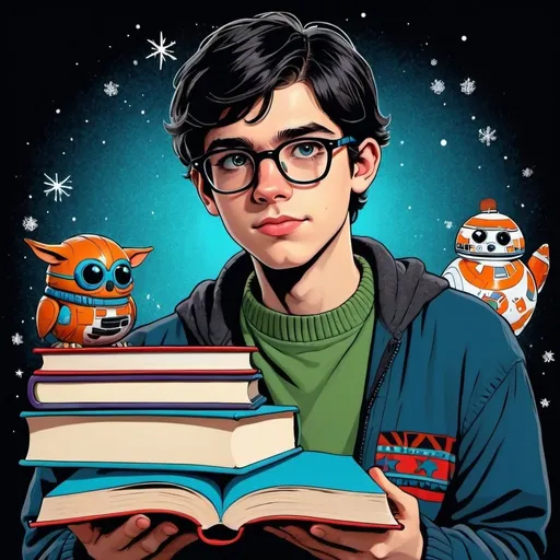 Prompt: A nerd,intelligent male teen with glasses studies with a lot of books,star wars,pop art,winter and christmassy colors,pop art,black hair and eyes