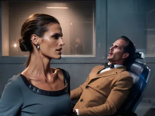 Prompt:  smiling Izabel Goulart, in a sleek leather coat, gloves, in window of interrogation room talking into microphone and holding a remote control pointed at male man, eyes wide open focused on man in seat screaming, striking facial features, moody ambiance, background with blurred lights, dramatic lighting highlighting her intricate face, atmospheric mist, cinematic composition, (ultra-detailed), alluring and mysterious feel, high-quality photography.