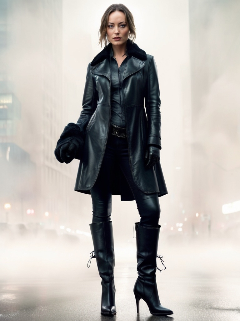 Prompt: Olivia Wilde in a sleek leather coat with collar standing up, gloves and pointy toed boots, wide open eyes with a intense hypnotic gaze directed at the camera, striking facial features, detailed facial expression, dark urban background with blurred city lights, atmospheric mist, cinematic composition, (ultra-detailed), high-quality photography.