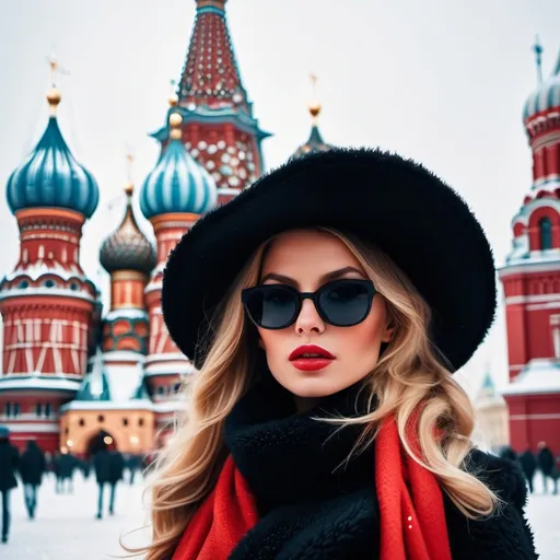 Prompt: Glamour photography of woman in paris in the style of Guy Aroch. She wears a big hat. Face view. Posing in front of the red square in Moscow in the middle of January. She wears a black fur coat with a red scarf It is a snowing and cold day. She wears very trendy sunglasses with eyegalss black frame style Christian Dior