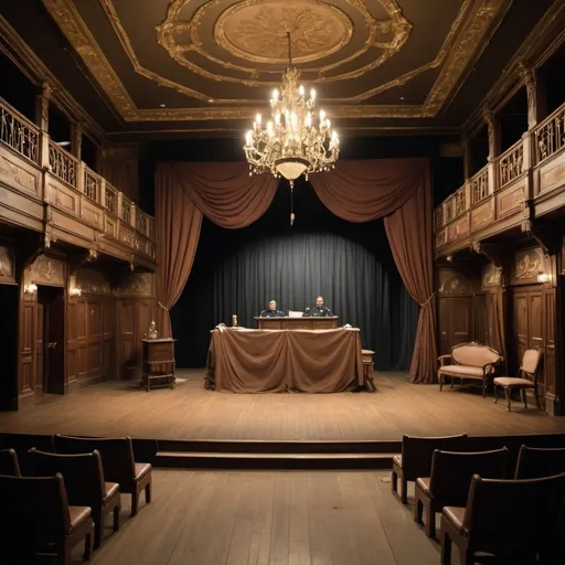 Prompt: Create a stage set where there is a parlour with curtains on the left and right. There are lots of policemen on the stage and a corpse is lying on the stage. In the background you see 3 doors upholstered in leather and numbered. Windows that reach down to the stalls. There is a double door that leads to a terrace and on the right is an oak door. The ceiling is brown and the furniture is different. There is a large chandelier on the ceiling and an overturned table on the stage. There are lots of policemen on the stage and a corpse is lying on the stage.