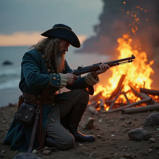 Prompt: 1700s era 
Russian Pirate on abeach infront of a fire.. cleaning his Carbine.

