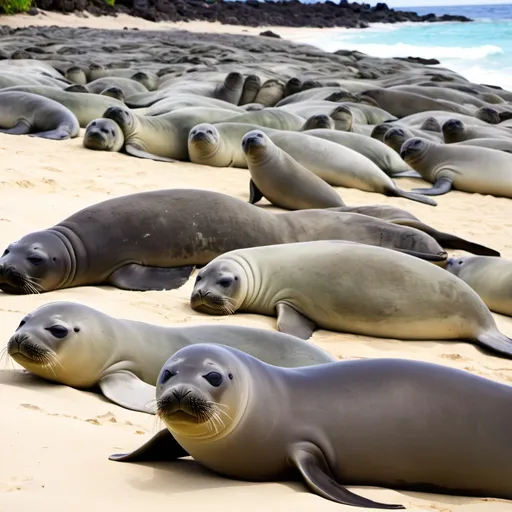 Prompt: Monk seals HUNDREDS OF SEALS meditoranian monk seals, hawian monk seals, monk seals seals