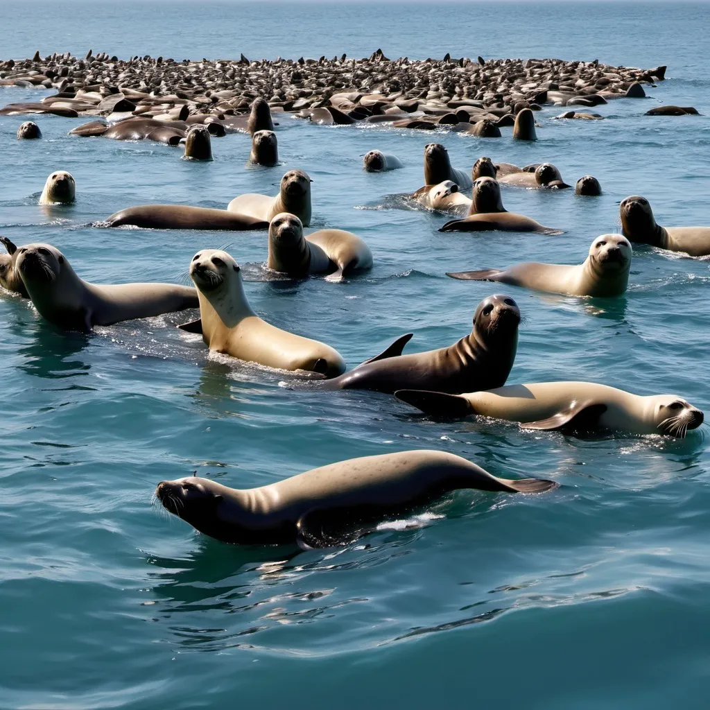 Prompt: lots of seals swimming in seal shaped sea