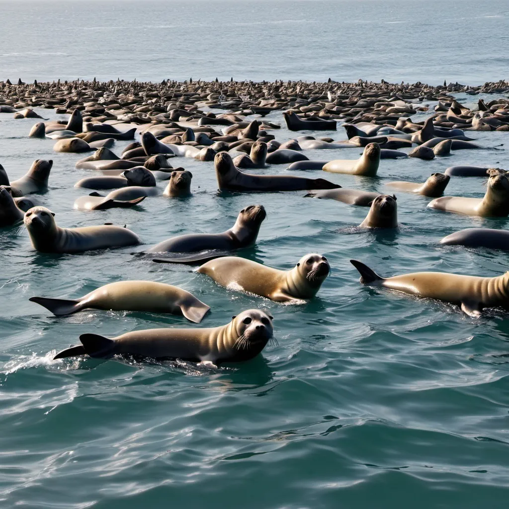 Prompt: lots of seals swimming in seal shaped sea