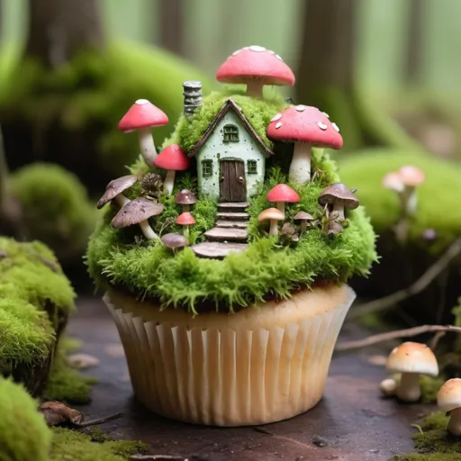 Prompt: A whimsical wasteland cupcake, moss covered, cottagecore, cupcake with moss elements, tiny mushrooms, cute but apocalyptic